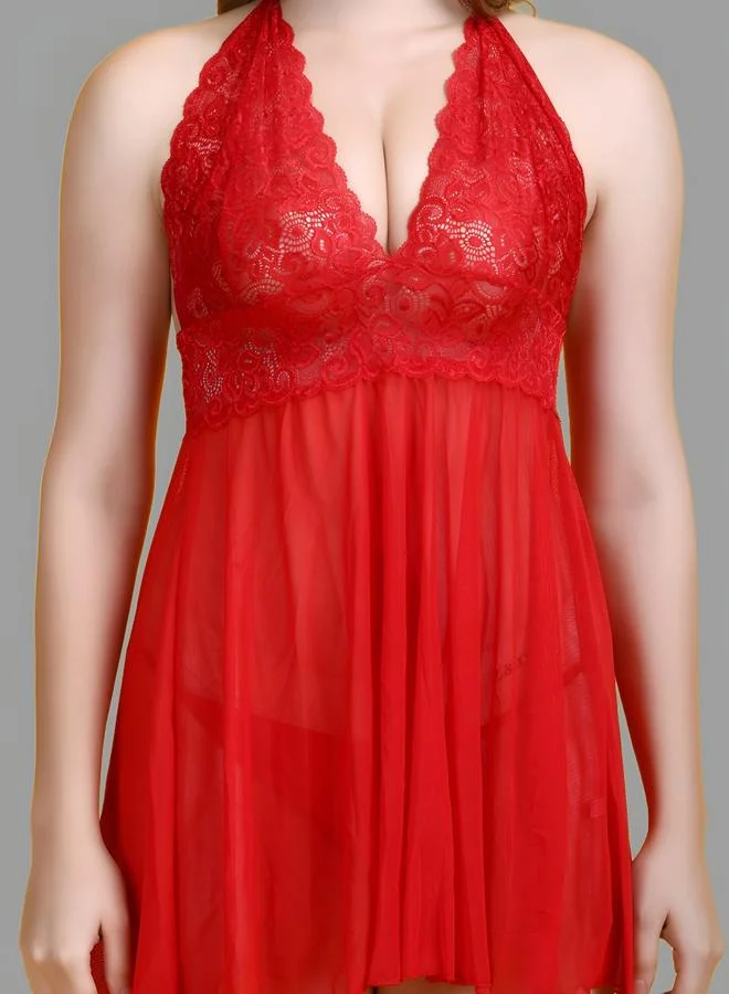 Take Two Women Red Halter Neck Lace Babydoll By Hill Islands